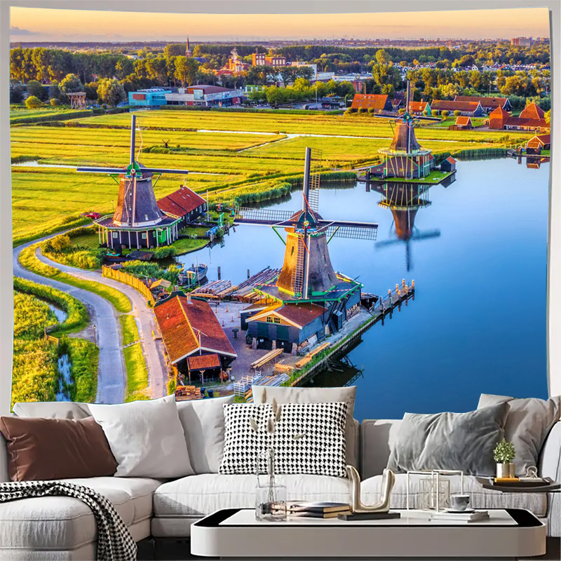 Home Decor Netherlands - Large Bohemian Dutch Windmills Tapestry Wall