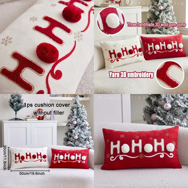 Home Decor Sofa - 1pc Terry Embroidery HOHOHO Christmas Pillowcase