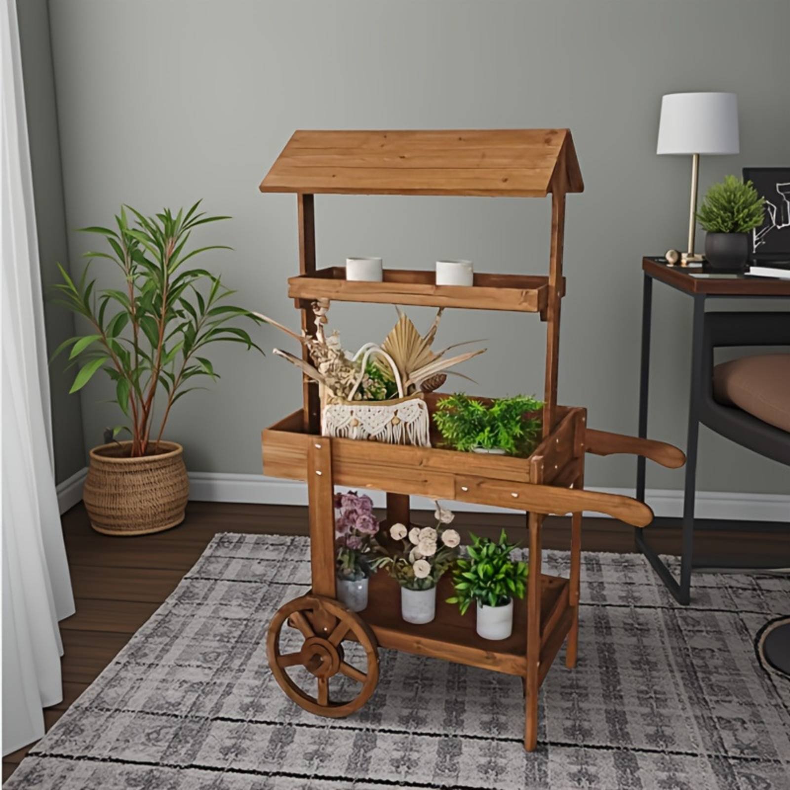 Home Decor Market - Wooden Flower Trolley Decorative Wheels Flower